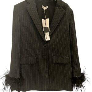 Gianni Bini Black Pinstripe Blazer with Feather Cuffs